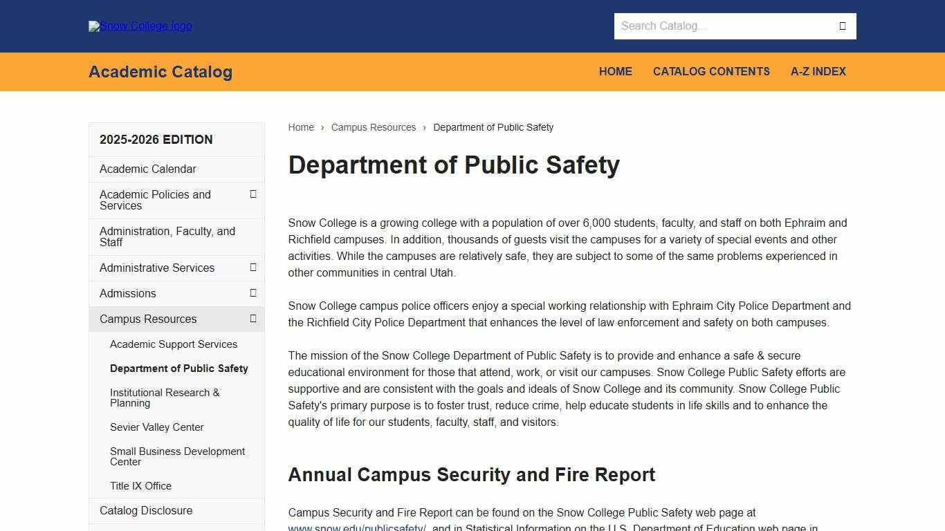 Department of Public Safety Snow College Academic Catalog